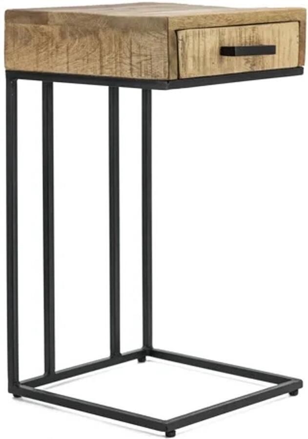 Vtw Living Bijzettafel met Lade Mangohout Metaal- Industrieel 30 x 30 x 50 cm
