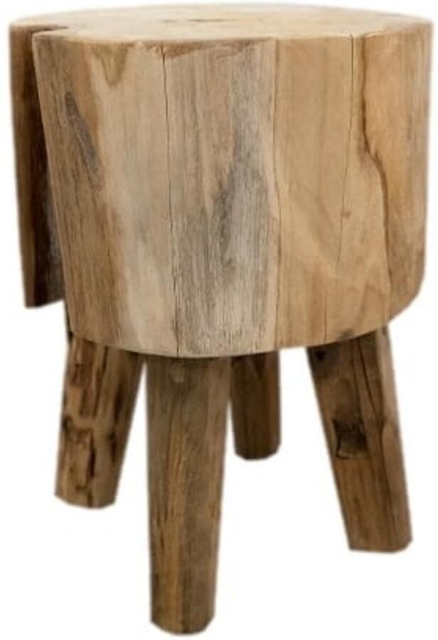 Vtw Living Boomstam Krukje – Massief Teakhout – H42 x B30 x D30 cm – Natuurlijke Houten Kruk