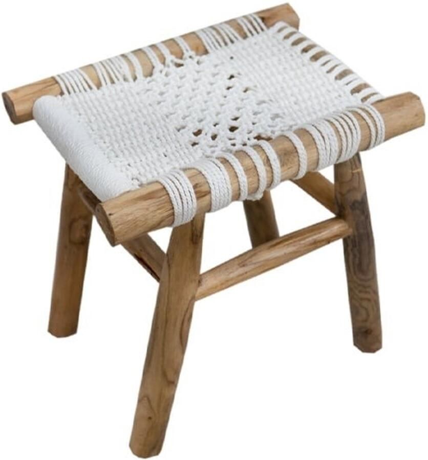 Vtw Living Krukje van hout en Katoen Kruk van Teakhout Bruin Wit 42 x 32 x 38 cm