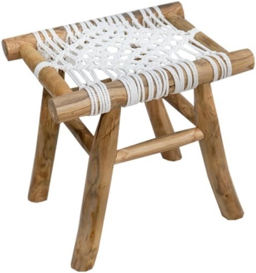 Vtw Living Krukje van hout en Katoen Kruk van Teakhout Bruin Wit 45 x 32 x 48 cm