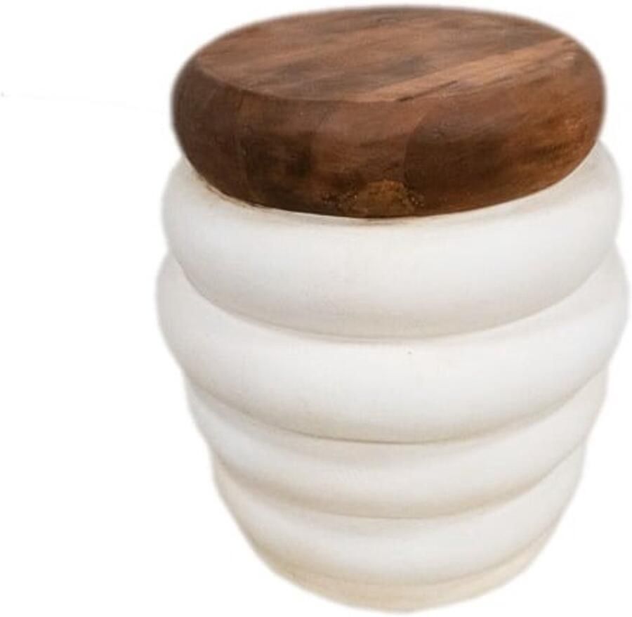 Vtw Living Ronde Bijzettafel Cement & Teak Solide en Duurzaam Bruin Wit Ø 40 cm x 50 cm