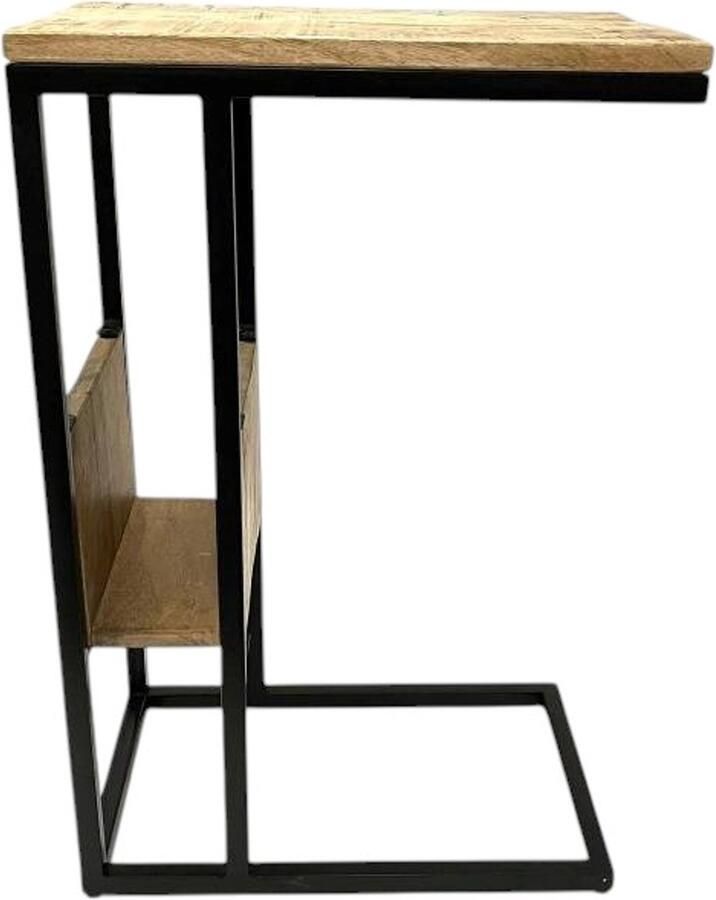 Vtw Living Stijlvolle Bijzettafel met Magazinehouder Mangohout en Metaal Zwart Bruin Laptoptafel 45 x 30 x 70 cm