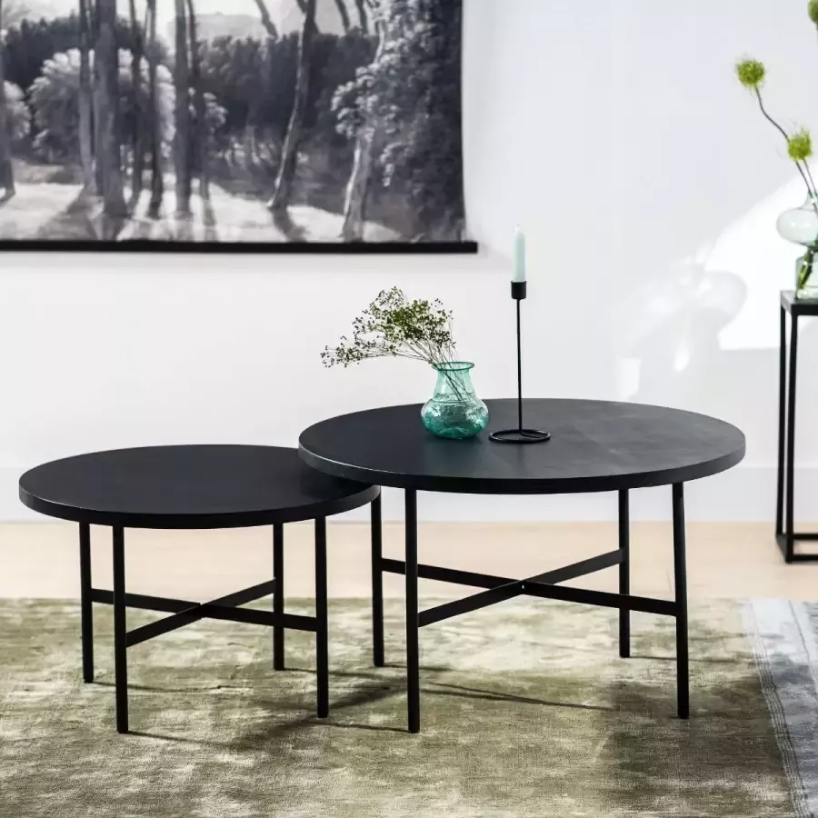 Vurna Susanne salontafel rond kruis acaciahout 75 cm zwart set van 2