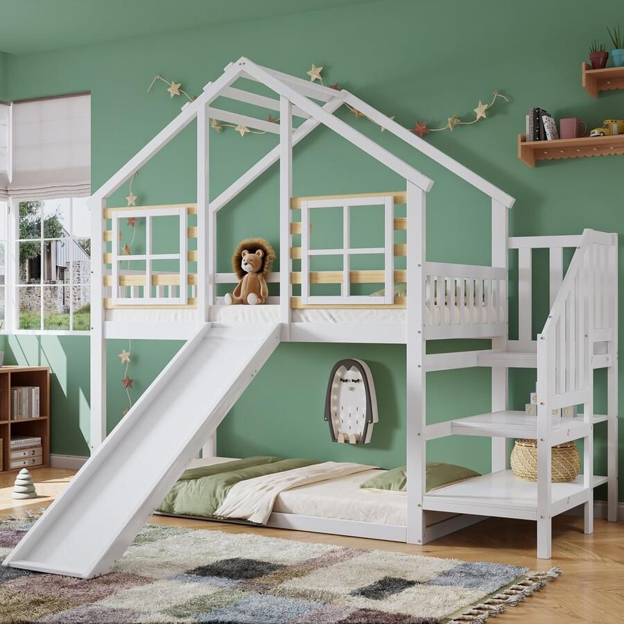 WAA [30813839 ] Etagenbed houten bed met trap en rooster met sleiper en venster blokhuis kinderbed met stortbeveiliging bedframe van massief hout wit(90x200 cm)