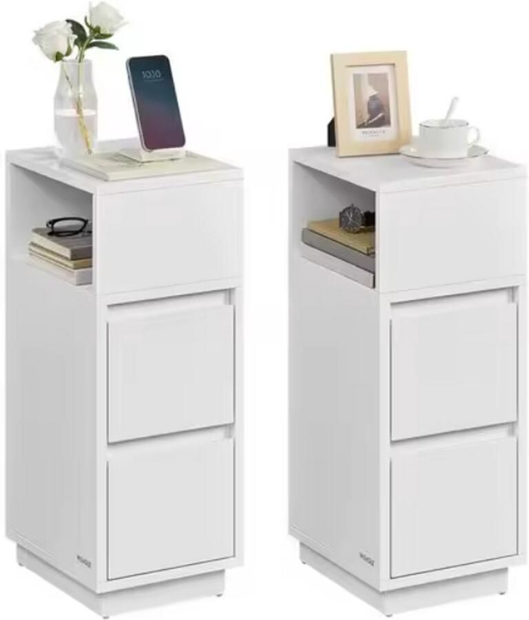 Waldorf Nachtkastjes Set van 2 – Smalle Witte Nachtkast met 2 Lades & Open Vakken – Bedkastjes 65 cm Hoog – Moderne Slaapkamermeubels met Opbergruimte
