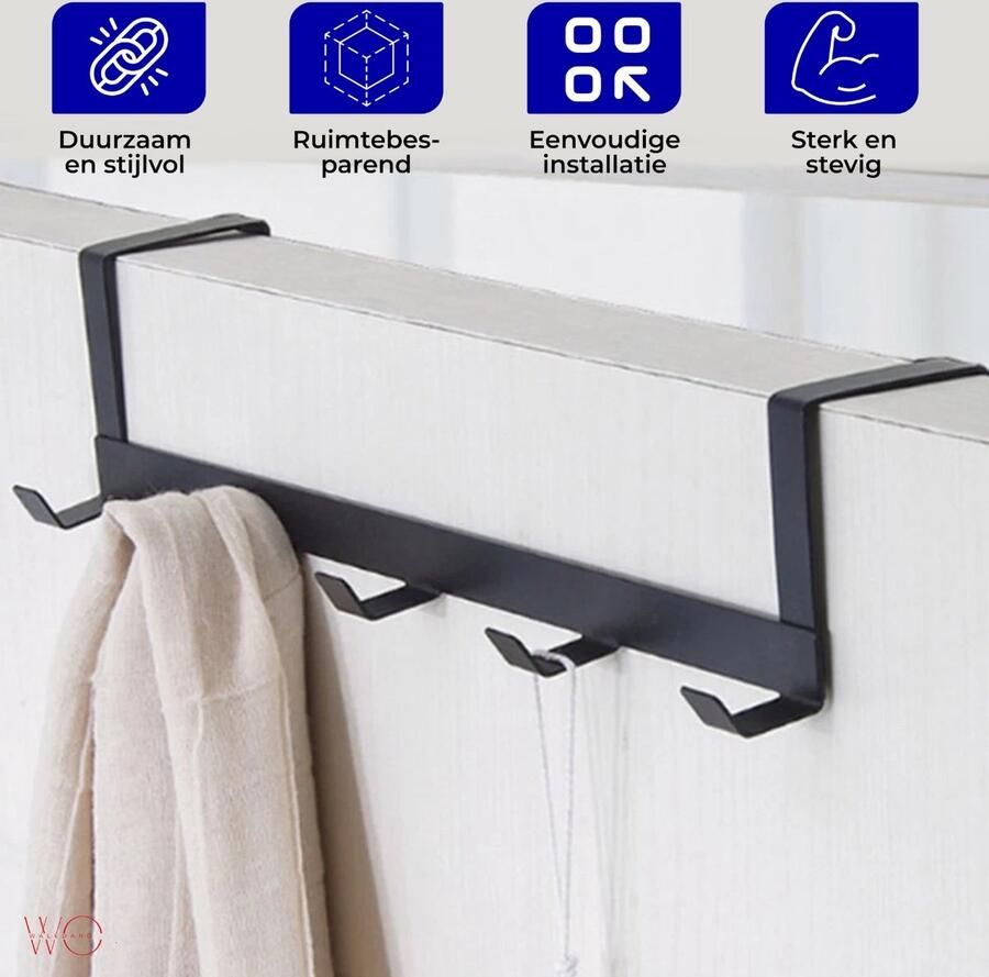 Waledano Deurkapstok met 5 Deurhaken in zwart metaal Hangkapstok Deurhanger Kapstok voor Handdoek en Kleding Zwart
