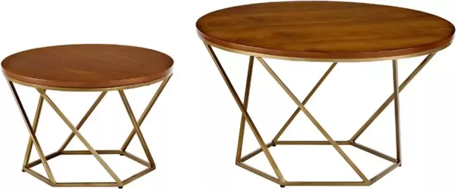 Walker Edison salontafel Koffietafel Bijzettafel set van 2 in walnoot goud Geometrisch hout