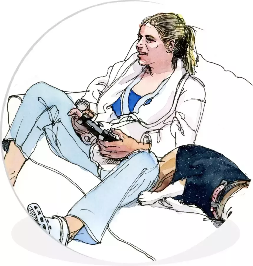 WallCircle Schilderij Vrouw Gamen Hond Bank Multicolor 140 X 140 Cm