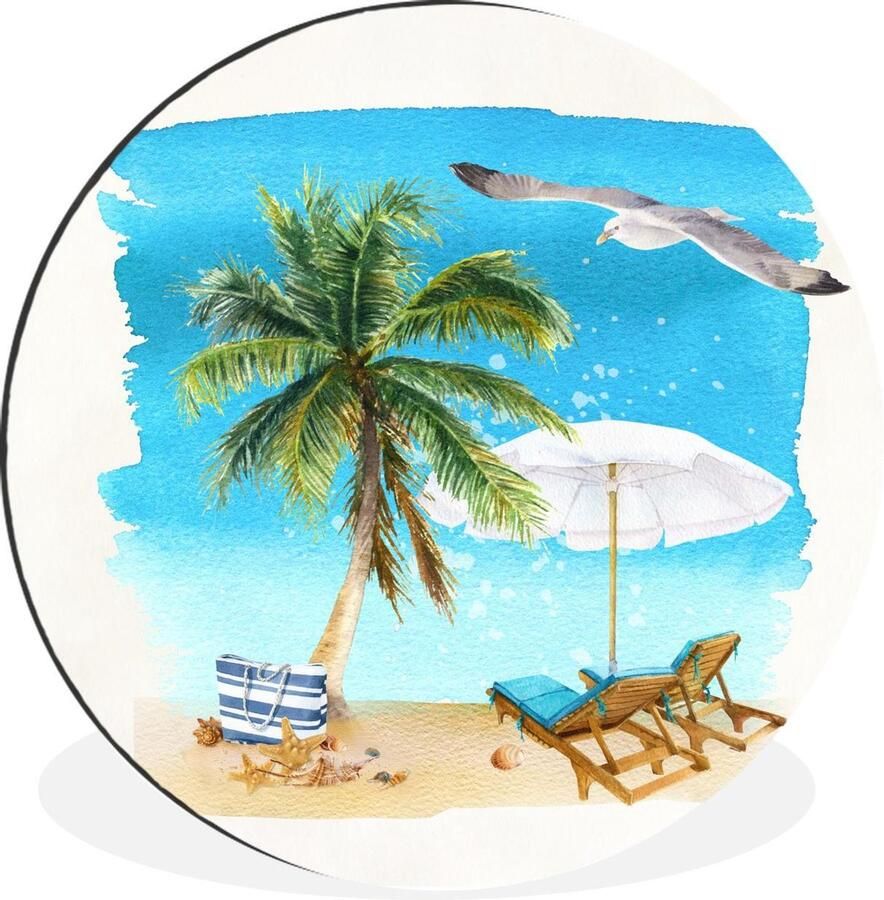 WallCircle Schilderij Strandstoel Parasol Palmboom Dibond En Multicolor 90 X 90 Cm