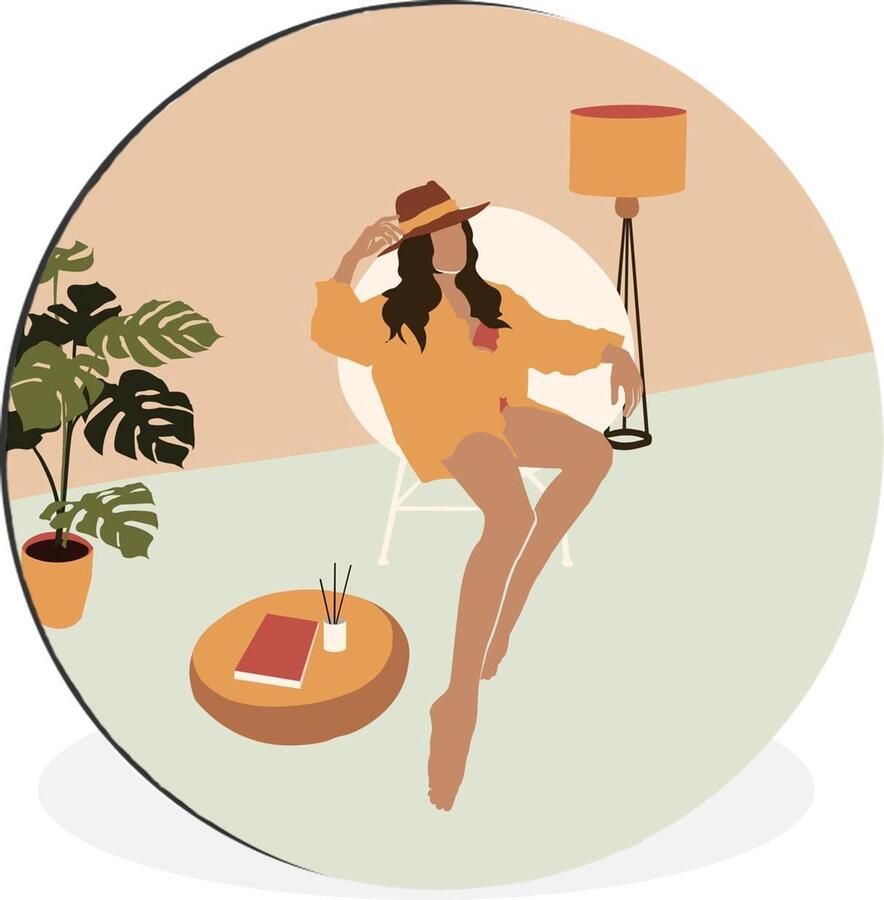 WallCircle Schilderij Vrouw Stoel Hoed Multicolor 90 X 90 Cm