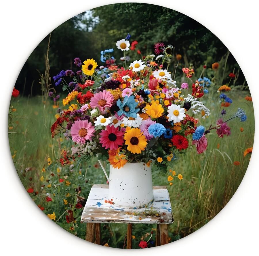 WallCircle Wandcirkel 120x120 cm Muurcirkel Bloemen Krukje Gieter Veld Muurdecoratie woonkamer Wanddecoratie slaapkamer Kamer decoratie accessoires Ronde schilderijen XXL