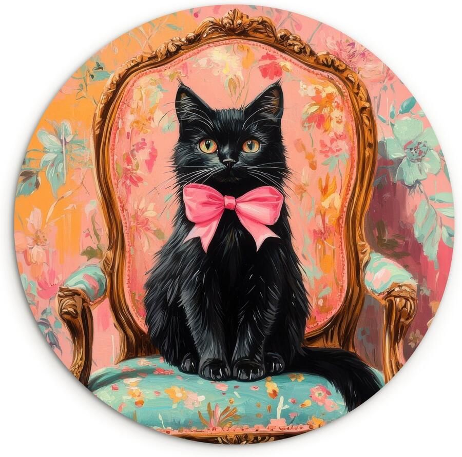 WallCircle Wandcirkel 140x140 cm Muurcirkel Kat Roze Stoel met bloemenmotief Muurdecoratie woonkamer Wanddecoratie slaapkamer Kamer decoratie accessoires Ronde schilderijen