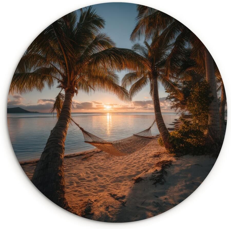 WallCircle Wandcirkel 140x140 cm Muurcirkel Palmbomen Hangmat Strand Zonsondergang Muurdecoratie woonkamer Wanddecoratie slaapkamer Kamer decoratie accessoires Ronde schilderijen