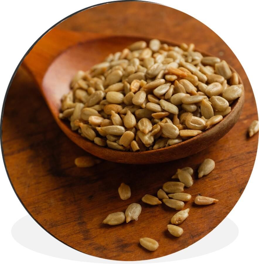 WallCircle Wandcirkel Muurcirkel Houten lepel vol met zonnebloempitten op houten tafel Aluminium Dibond ⌀ 120 cm Binnen en Buiten XXL