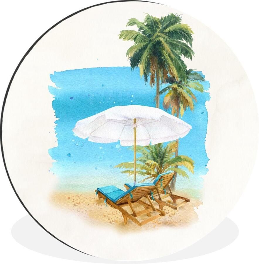 WallCircle Schilderij Strandstoel Parasol Palmboom Dibond En Multicolor 60 X 60 Cm