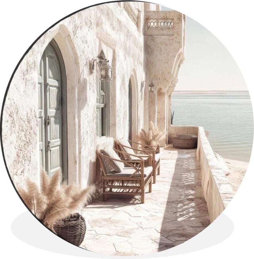 WallCircle Wandcirkel Muurcirkel Terras Stoelen Strand Beige Aluminium Dibond 140x140 cm Binnen en Buiten