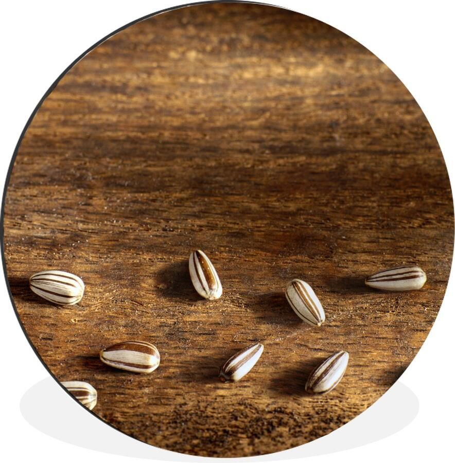 WallCircle Wandcirkel Muurcirkel Tien zonnebloempitten op houten tafel Aluminium Dibond ⌀ 90 cm Binnen en Buiten