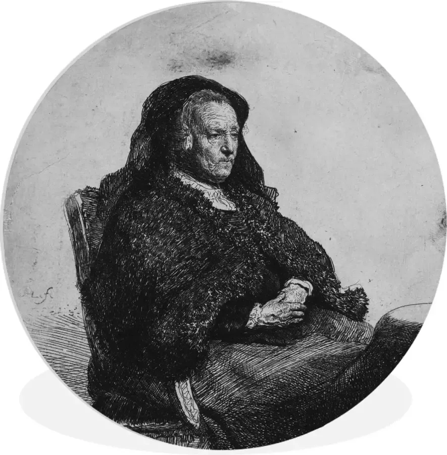 WallCircle Wandcirkel Kunststof Rembrandt's moeder aan tafel Schilderij van Rembrandt van Rijn ⌀ 120 cm XXL