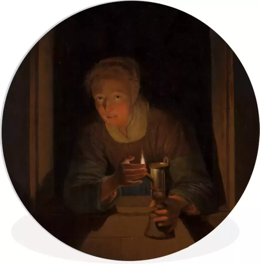 WallCircle Wandcirkel Muurcirkel Binnen Meisje met een lamp Schilderij van Gerrit Dou ⌀ 140 cm Wanddecoratie Ronde Schilderijen