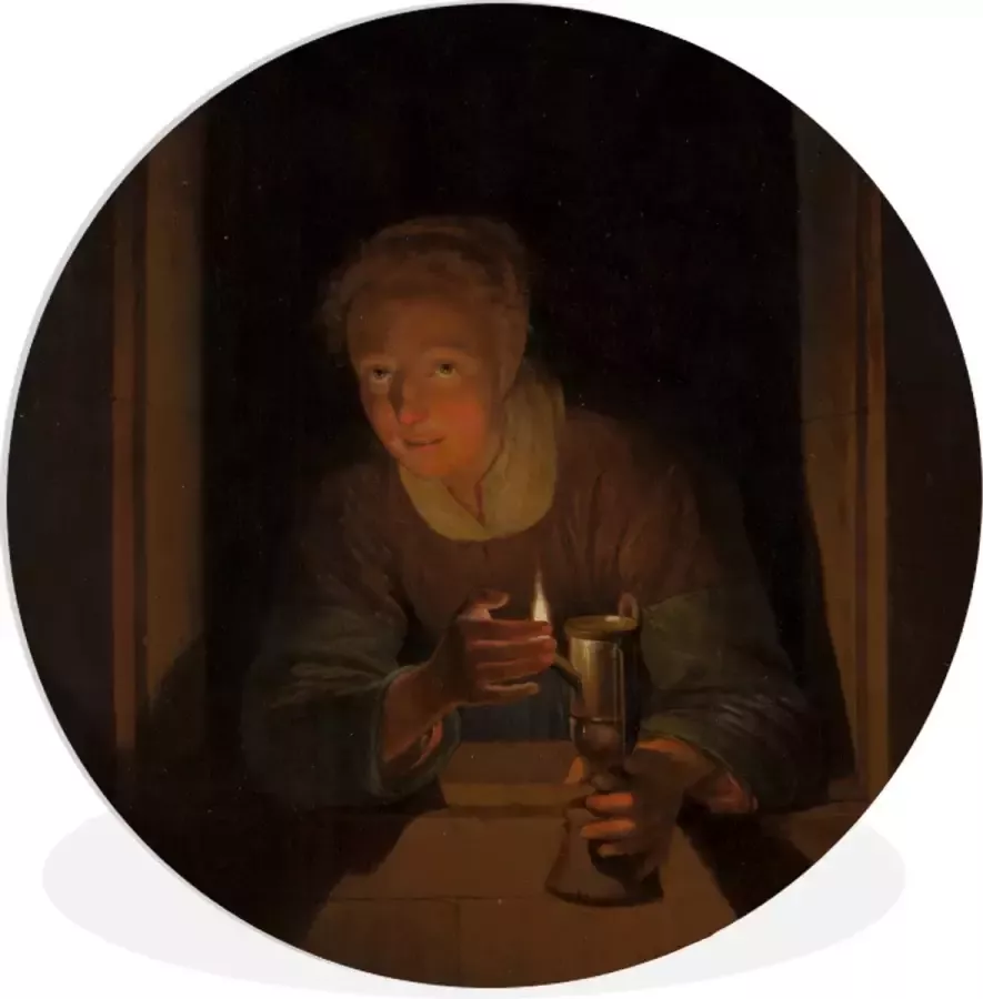 WallCircle Wandcirkel Muurcirkel Binnen Meisje met een lamp Schilderij van Gerrit Dou ⌀ 60 cm Wanddecoratie Ronde Schilderijen