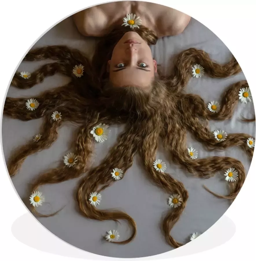WallCircle Wandcirkel Muurcirkel Binnen Vrouw op bed met octopusvormig haar ⌀ 140 cm Wanddecoratie Ronde Schilderijen