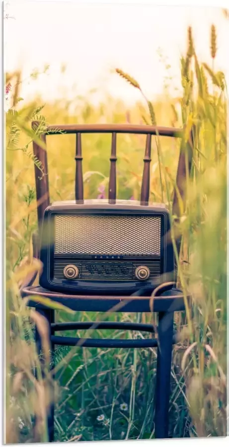 WallClassics Acrylglas Ouderwetse Radio op Stoel 50x100 cm Foto op Acrylglas (Met Ophangsysteem)