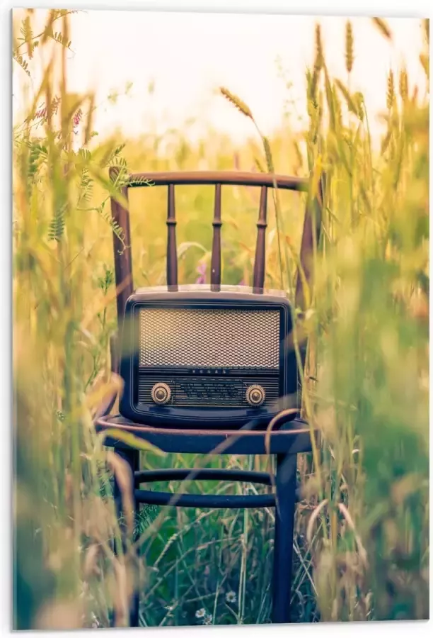 WallClassics Acrylglas Ouderwetse Radio op Stoel 50x75 cm Foto op Acrylglas (Met Ophangsysteem)