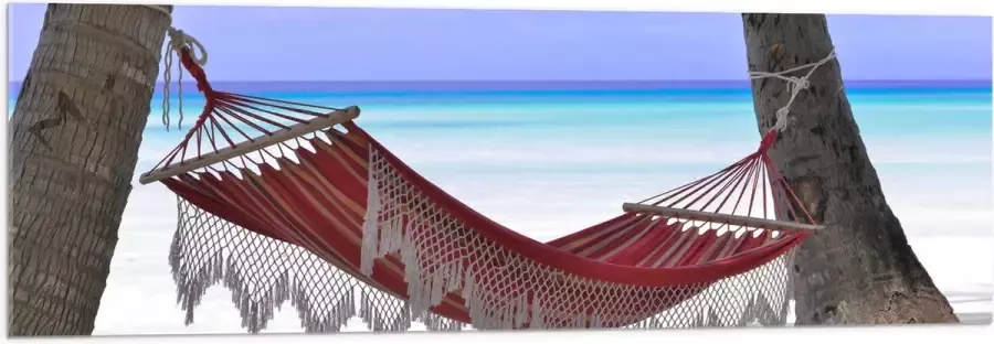 WallClassics Acrylglas Rode Ibiza Hangmat op Tropisch Strand 120x40 cm Foto op Acrylglas (Met Ophangsysteem)