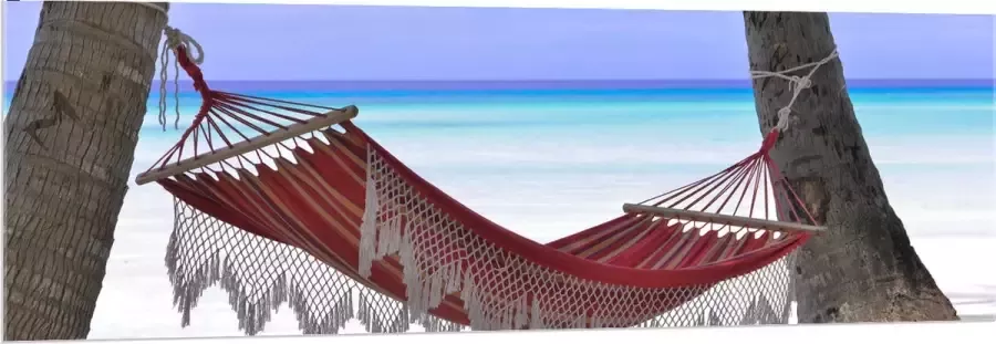 WallClassics Acrylglas Rode Ibiza Hangmat op Tropisch Strand 150x50 cm Foto op Acrylglas (Met Ophangsysteem)