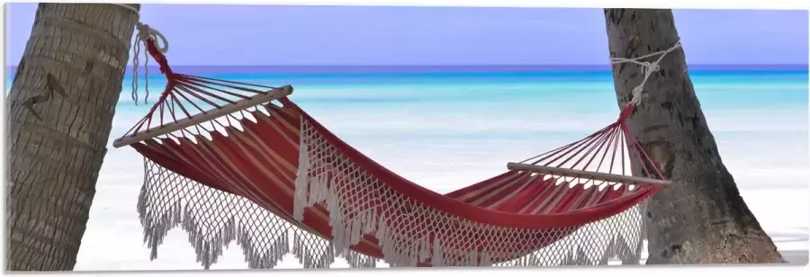 WallClassics Acrylglas Rode Ibiza Hangmat op Tropisch Strand 90x30 cm Foto op Acrylglas (Met Ophangsysteem)