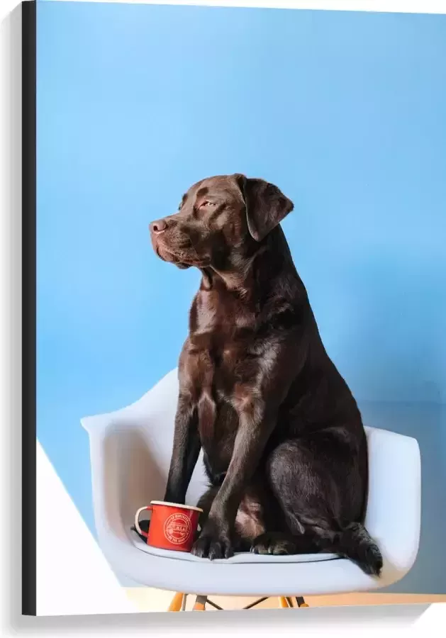 WallClassics Canvas Grote Hond Zittend op Stoel met Kop Koffie 60x90 cm Foto op Canvas Schilderij (Wanddecoratie op Canvas)