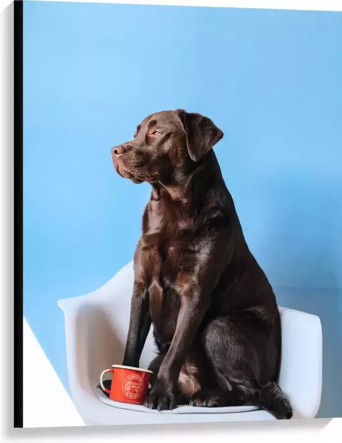 WallClassics Canvas Grote Hond Zittend op Stoel met Kop Koffie 75x100 cm Foto op Canvas Schilderij (Wanddecoratie op Canvas)