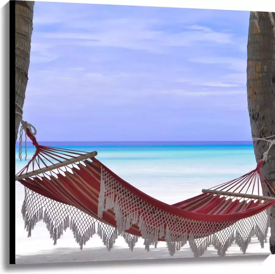 WallClassics Canvas Rode Ibiza Hangmat op Tropisch Strand 100x100 cm Foto op Canvas Schilderij (Wanddecoratie op Canvas)