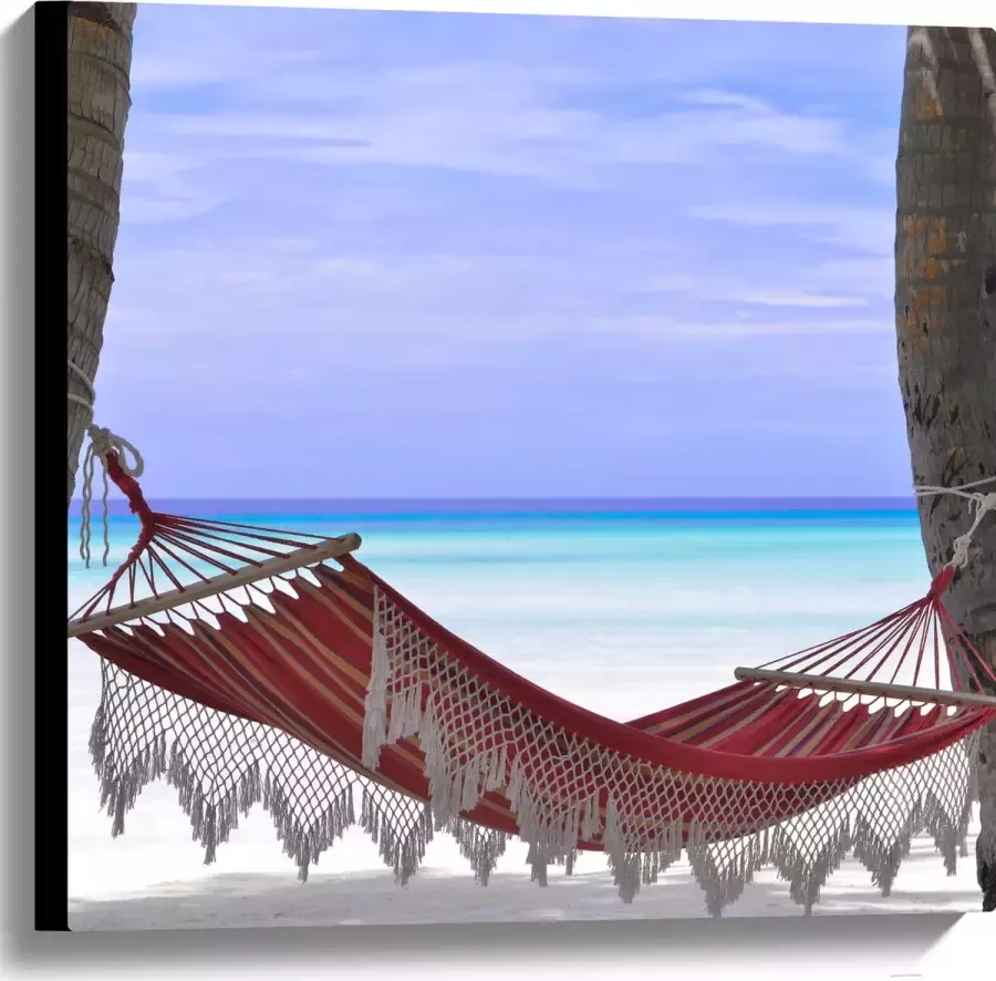 WallClassics Canvas Rode Ibiza Hangmat op Tropisch Strand 60x60 cm Foto op Canvas Schilderij (Wanddecoratie op Canvas)