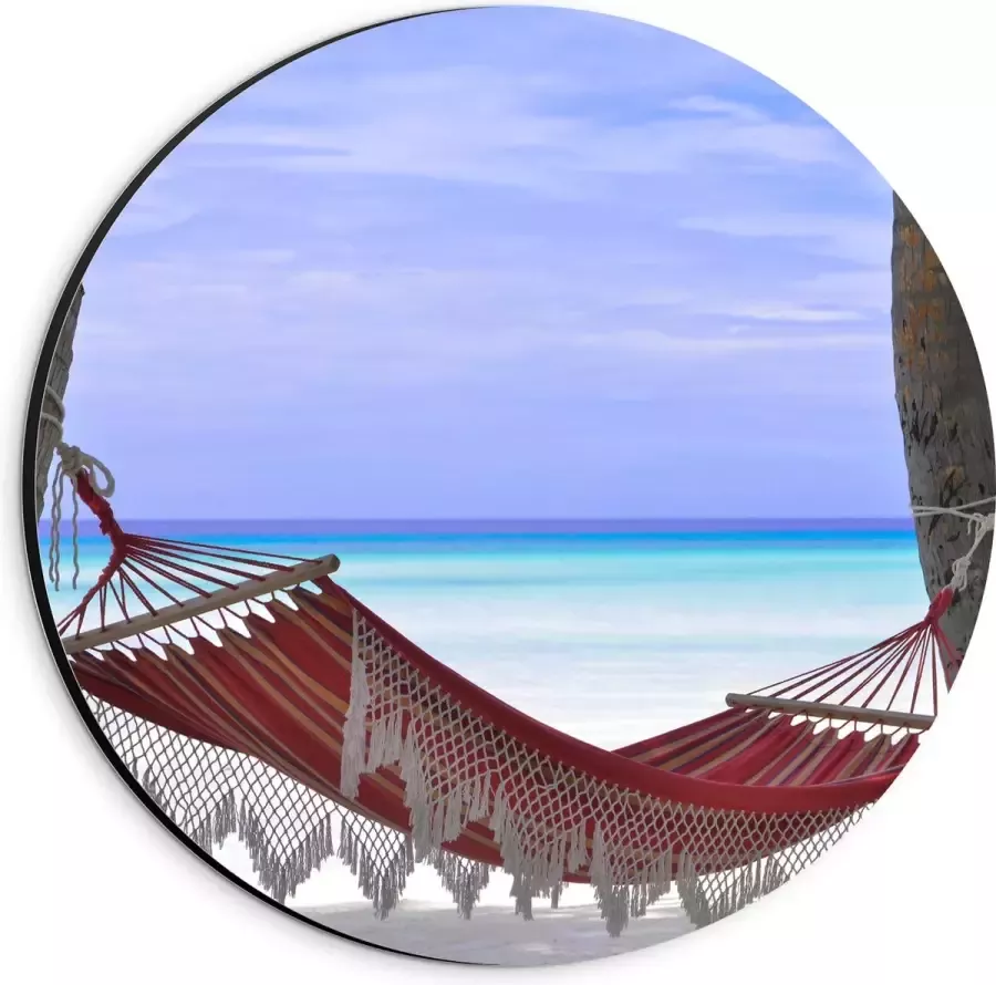 WallClassics Dibond Muurcirkel Rode Ibiza Hangmat op Tropisch Strand 20x20 cm Foto op Aluminium Muurcirkel (met ophangsysteem)