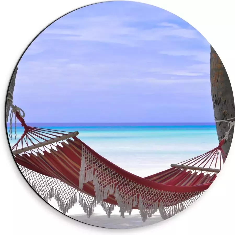 WallClassics Dibond Muurcirkel Rode Ibiza Hangmat op Tropisch Strand 30x30 cm Foto op Aluminium Muurcirkel (met ophangsysteem)