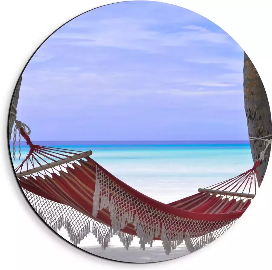 WallClassics Dibond Muurcirkel Rode Ibiza Hangmat op Tropisch Strand 40x40 cm Foto op Aluminium Muurcirkel (met ophangsysteem)
