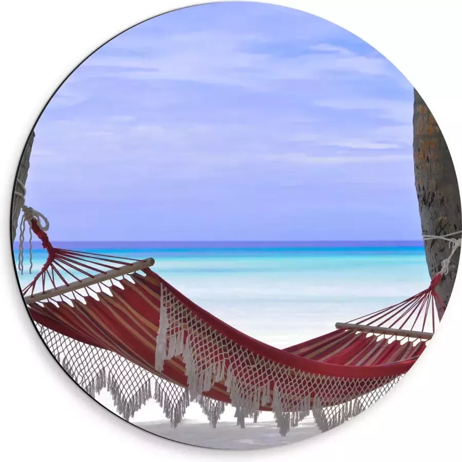 WallClassics Dibond Muurcirkel Rode Ibiza Hangmat op Tropisch Strand 50x50 cm Foto op Aluminium Muurcirkel (met ophangsysteem)