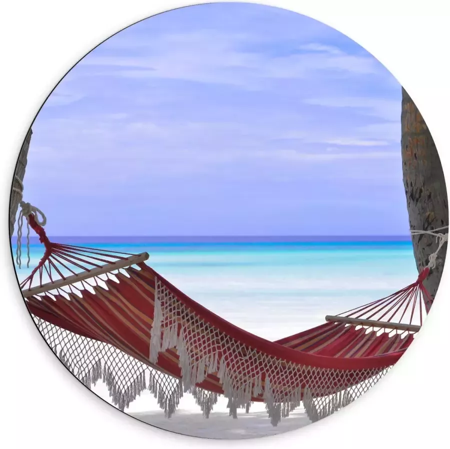 WallClassics Dibond Muurcirkel Rode Ibiza Hangmat op Tropisch Strand 60x60 cm Foto op Aluminium Muurcirkel (met ophangsysteem)