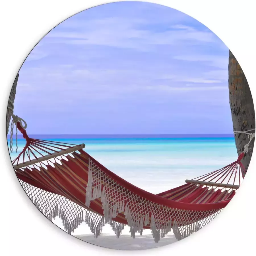WallClassics Dibond Muurcirkel Rode Ibiza Hangmat op Tropisch Strand 80x80 cm Foto op Aluminium Muurcirkel (met ophangsysteem)