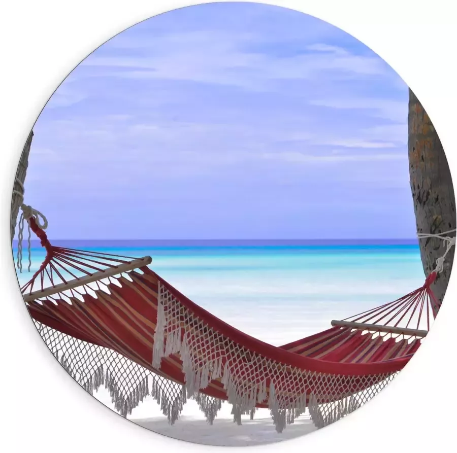 WallClassics Dibond Muurcirkel Rode Ibiza Hangmat op Tropisch Strand 90x90 cm Foto op Aluminium Muurcirkel (met ophangsysteem)
