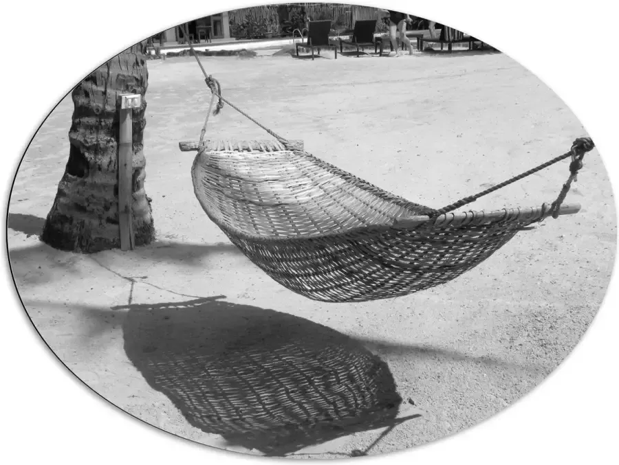 WallClassics Dibond Ovaal Hangmat op een Tropisch Strand Zwart Wit 96x72 cm Foto op Ovaal (Met Ophangsysteem)