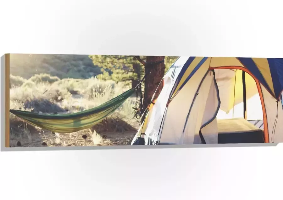 WallClassics Hout Hangmat bij Tent in Bos 120x40 cm 12 mm dik Foto op Hout (Met Ophangsysteem)