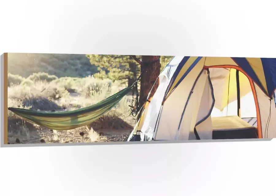WallClassics Hout Hangmat bij Tent in Bos 150x50 cm 12 mm dik Foto op Hout (Met Ophangsysteem)