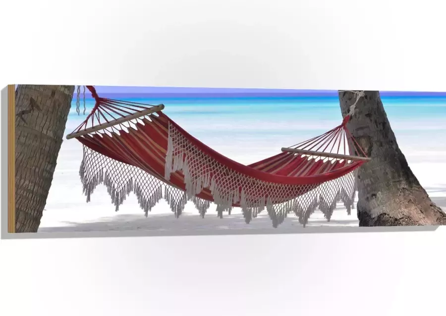 WallClassics Hout Hangmat op het Strand 120x40 cm 12 mm dik Foto op Hout (Met Ophangsysteem)