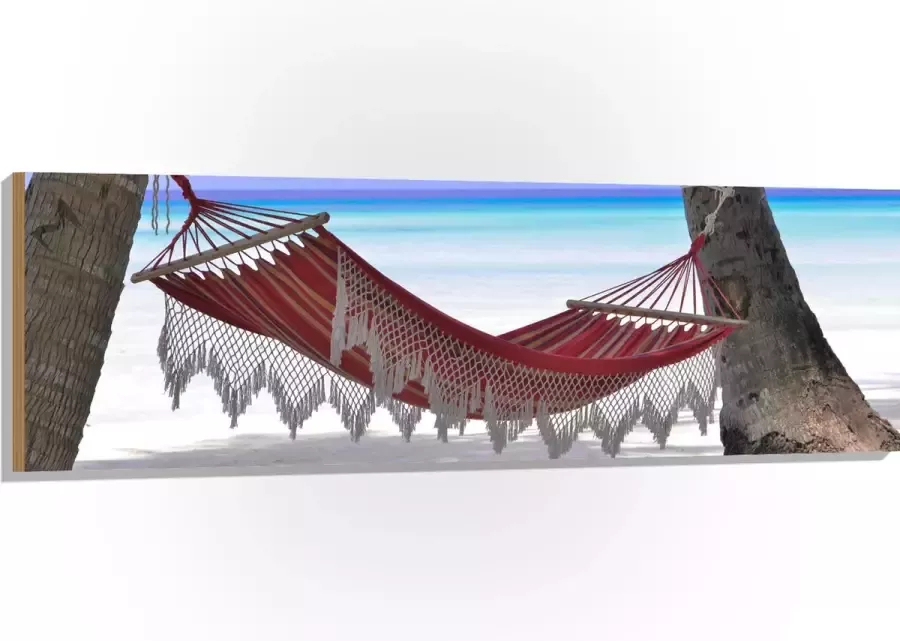 WallClassics Hout Hangmat op het Strand 150x50 cm 12 mm dik Foto op Hout (Met Ophangsysteem)