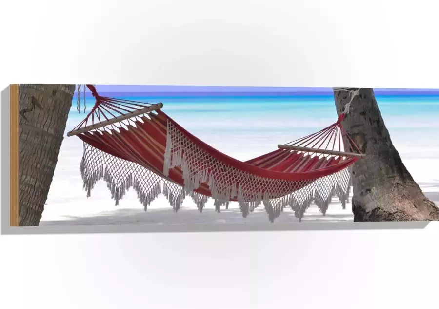 WallClassics Hout Hangmat op het Strand 90x30 cm 12 mm dik Foto op Hout (Met Ophangsysteem)