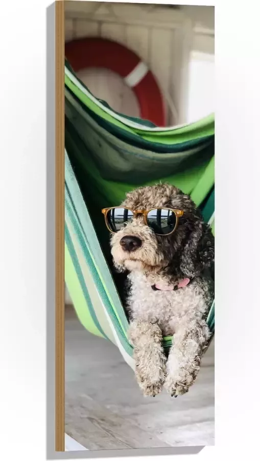 WallClassics Hout Liggende Hond in Hangmat met Zonnebril 30x90 cm 9 mm dik Foto op Hout (Met Ophangsysteem)