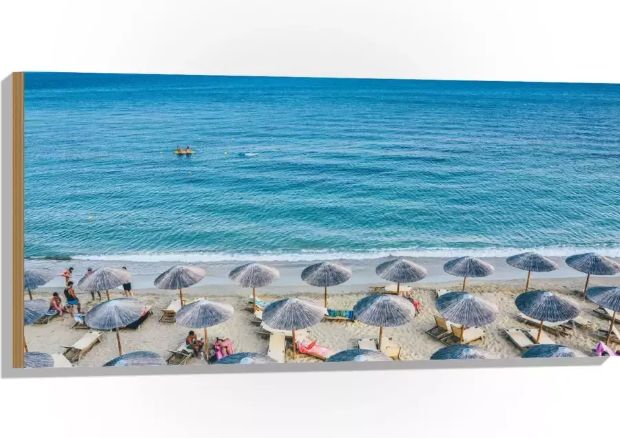 WallClassics Hout Rieten Parasols met Ligbedjes op het Strand 100x50 cm 12 mm dik Foto op Hout (Met Ophangsysteem)