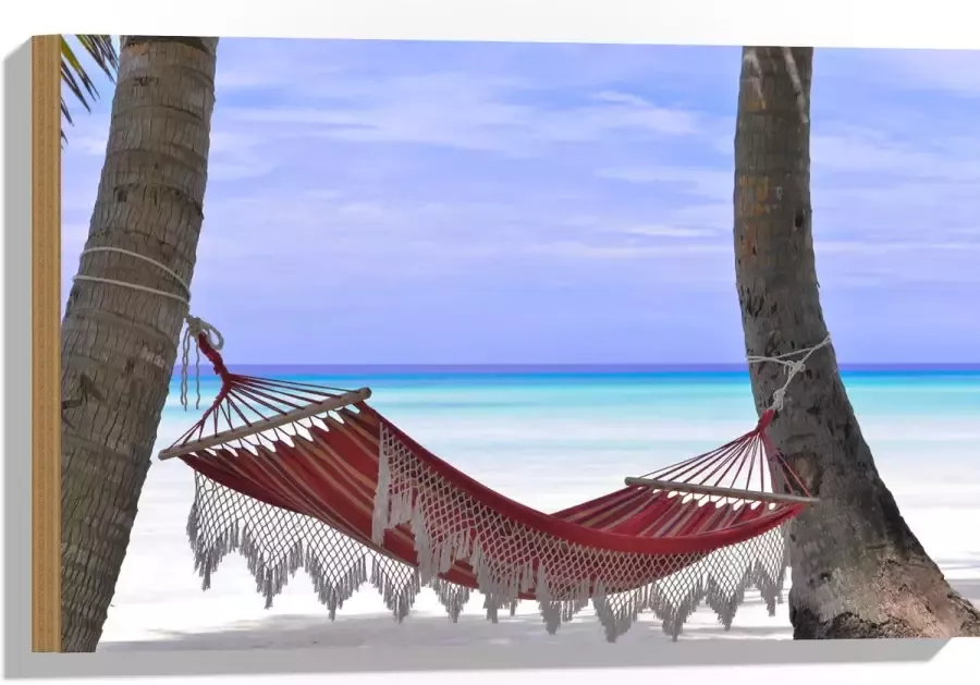 WallClassics Hout Rode Ibiza Hangmat op Tropisch Strand 60x40 cm 9 mm dik Foto op Hout (Met Ophangsysteem)